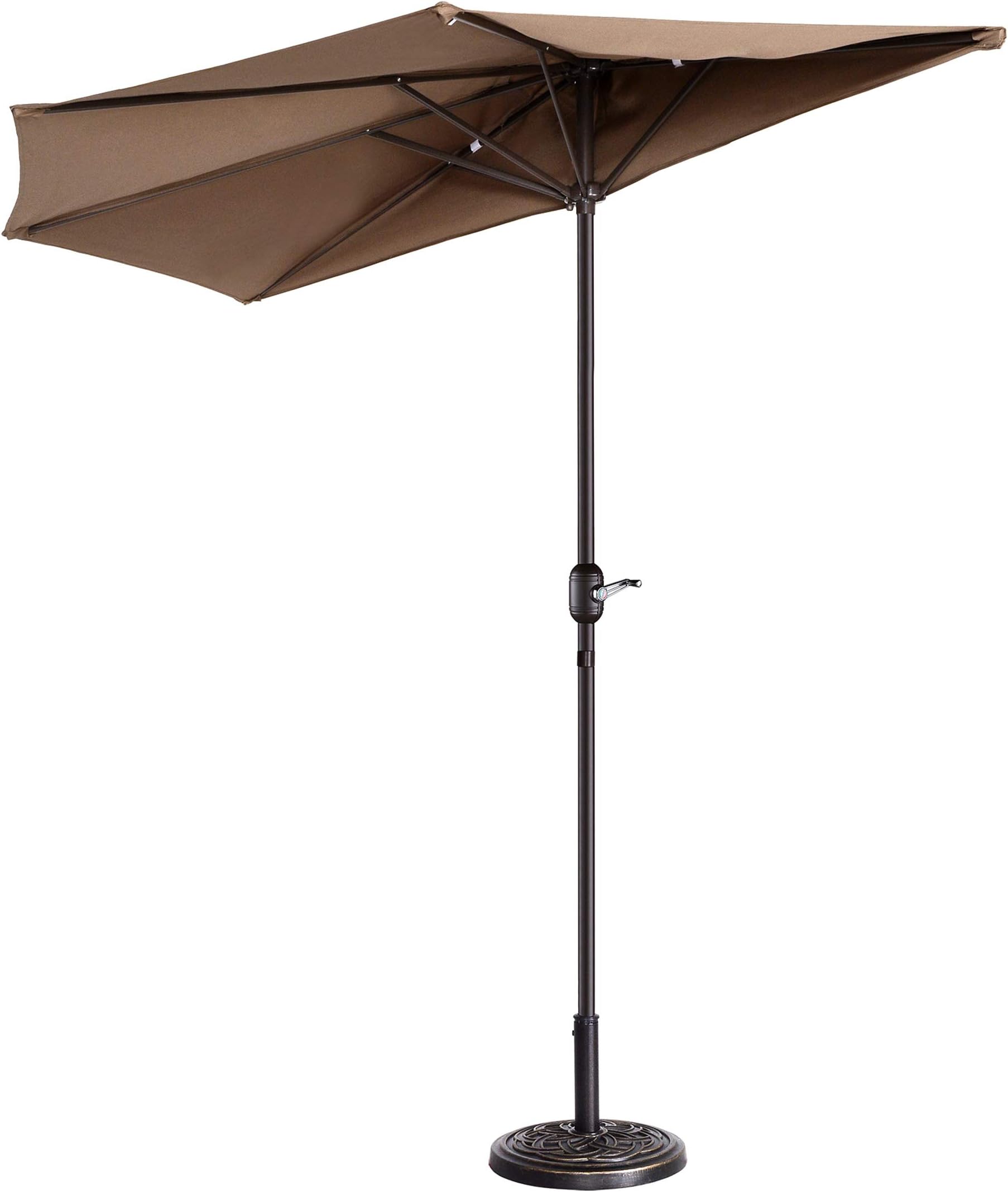 Half Patio Umbrella - 9ft Outdoor Patio Canopy with Easy Hand Crank - Condo, Townhouse, or Balcony Furniture by Villacera (Brown)