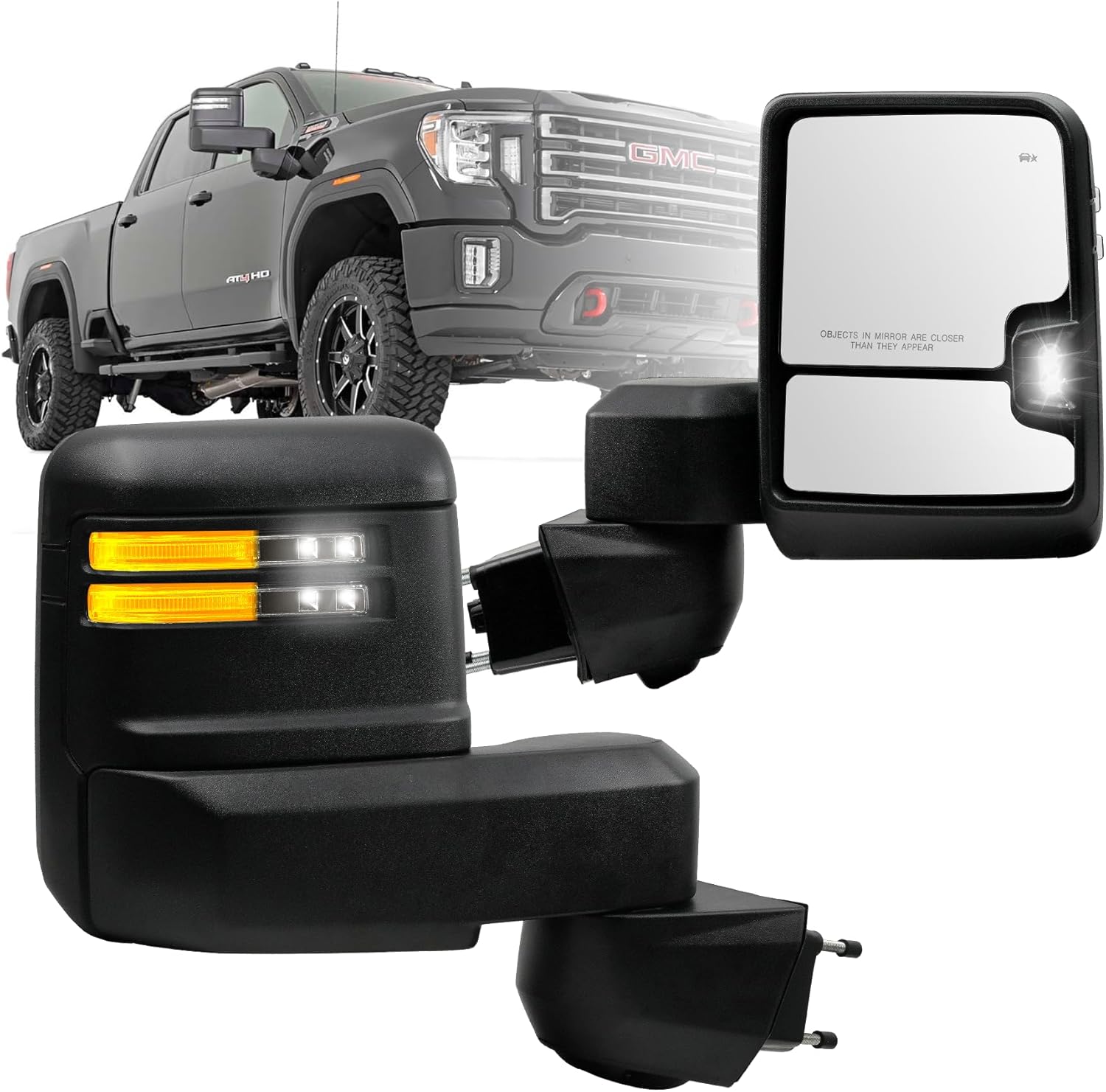 Passenger Right Side Towing Mirror for Chevy Silverado & GMC Sierra 2500 HD 3500 HD for 2019-2024, with Heated Power Glass Temperature Sensor Turn Signal & Running & Puddle & BSM Light (13 Pins)