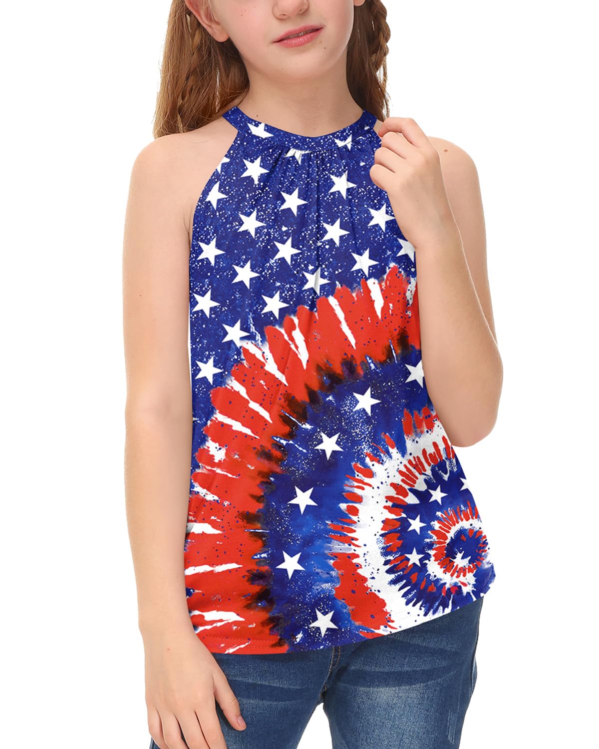 BesserBay Girls Summer Back Button Halter Neck Tank Top Cold Shoulder Casual Blouse Pleated Sleeveless Shirts 5-14 Years