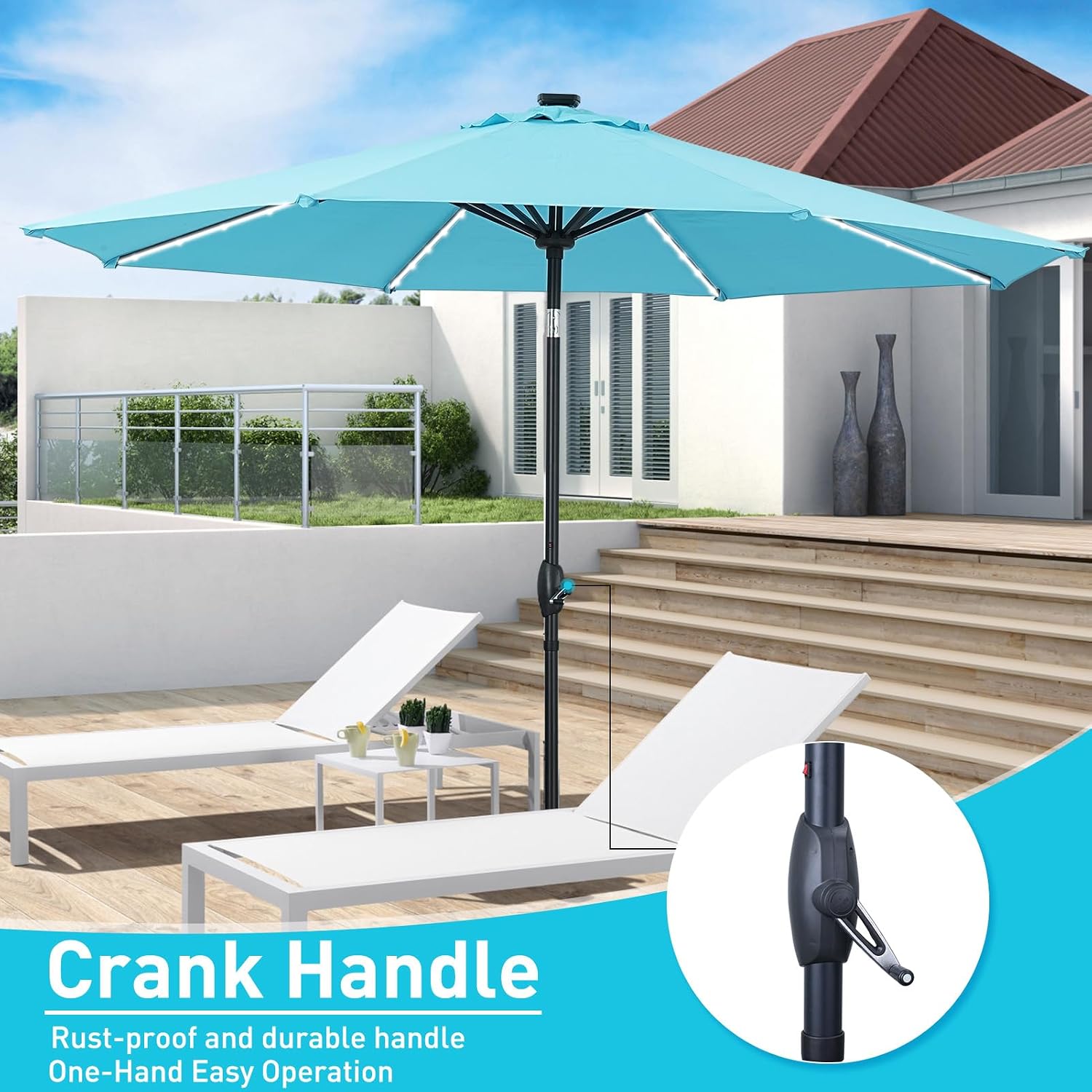 GDY 10 ft Solar Patio Umbrella with Base, 8 Ribs 8 LED Strip Lights and Push Button Tilt & Crank Outdoor Table Umbrella (Blue)
