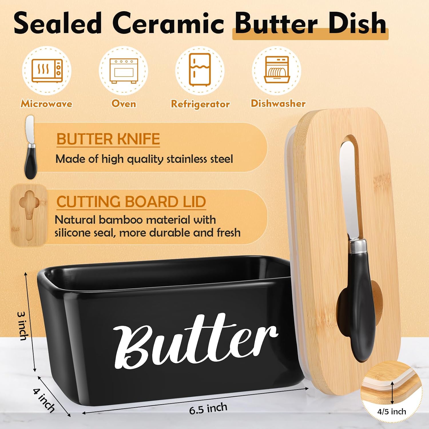 Domensi Metal Bread Box and Ceramic Butter Dish with 3 Airtight Kitchen Canisters Farmhouse Storage Canister Set for Kitchen with Bamboo Cutting Board Lid and Stainless Steel Butter Knife(Black)
