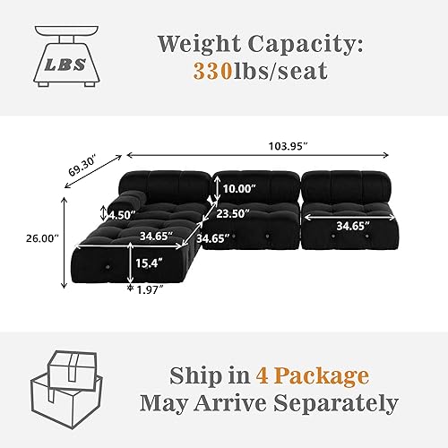 Miniatura 2 de Sofá seccional moderno negro de 104 pulgadas, sofás minimalistas en forma de L, sofás de terciopelo de lujo y moderno de 4 asientos con tumbona
