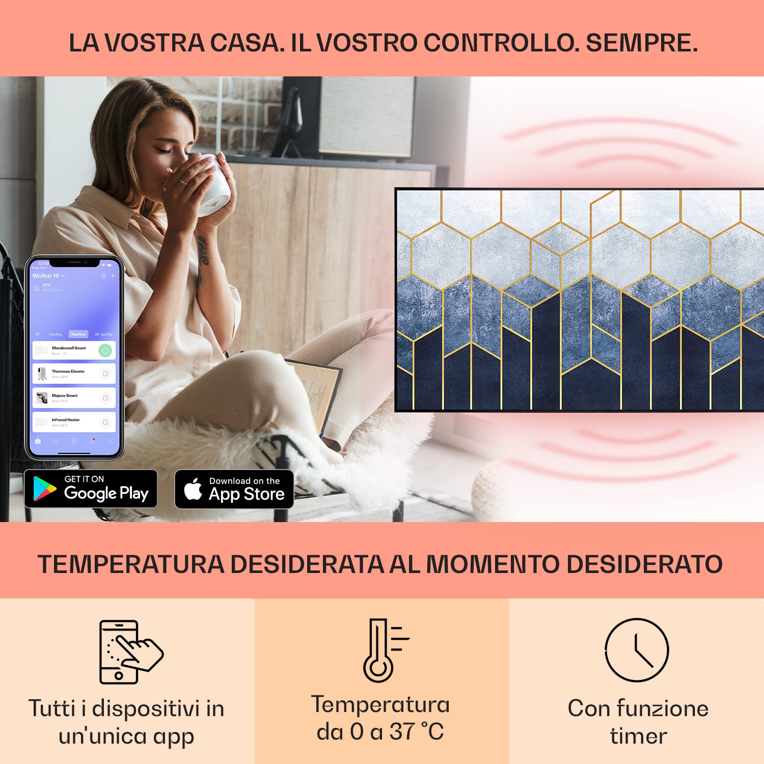 Klarstein Air Art Smart Stufa Elettrica Basso Consumo, Termoconvettore Elettrico da Parete 700W con Controllo IoT/WiFi App, Termosifone Elettrico a Muro, Pannello Radiante Infrarossi, Senza CO2