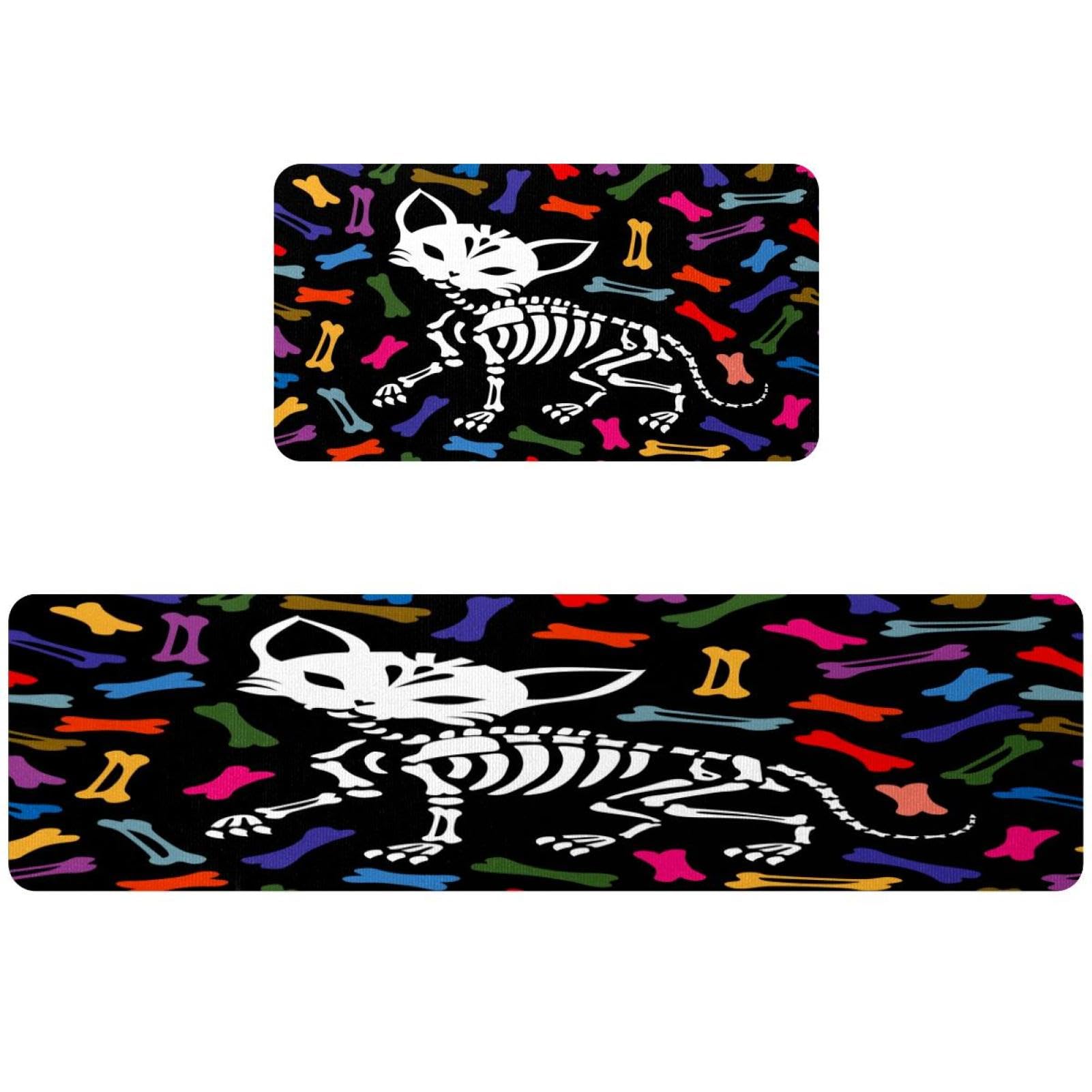 Tapis de cuisine motif squelette de chat et os colorés lot de 2 pour une maison chaleureuse