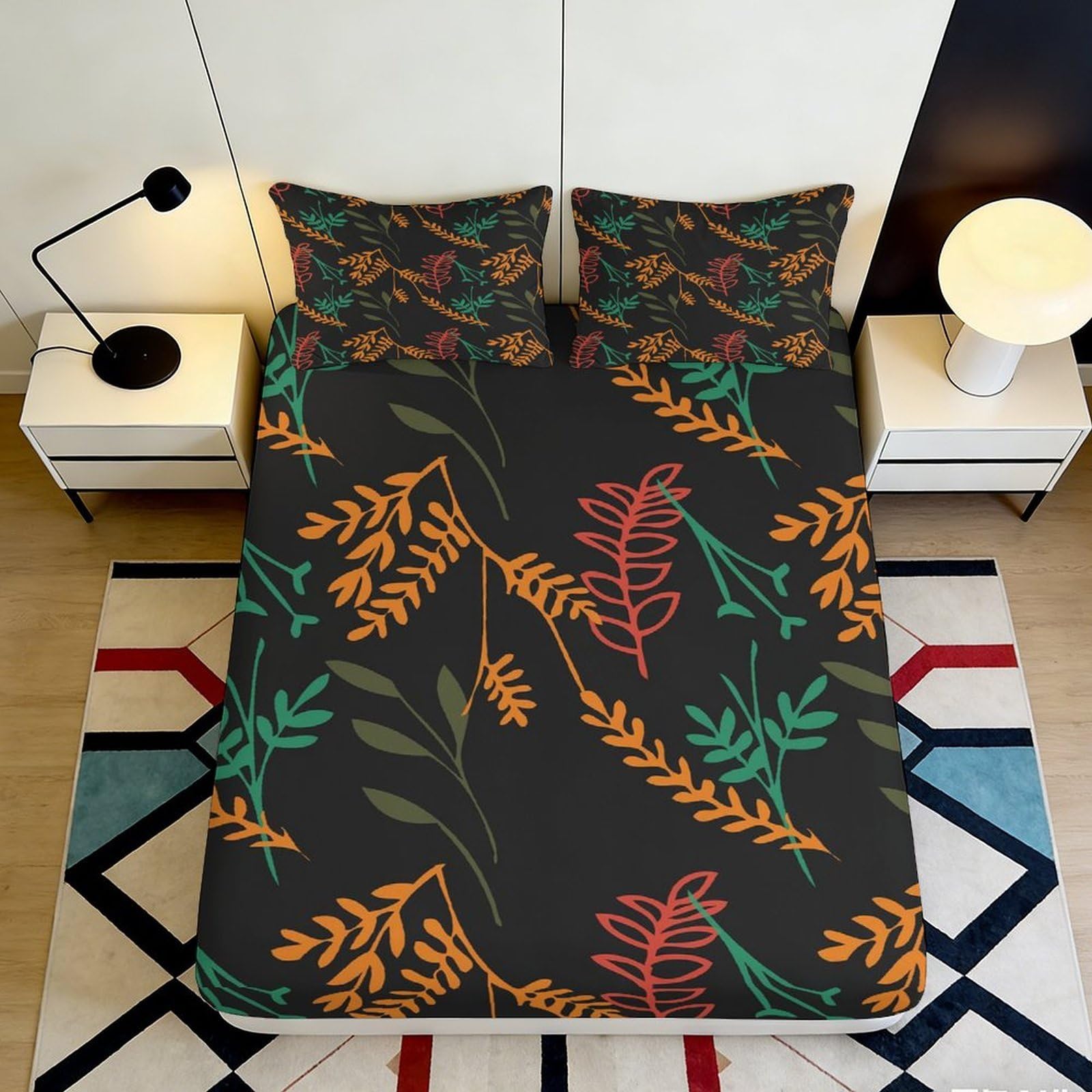 3D Printed Autumn Leaf Fitted Sheet Microfiber Soft Botanical Fern Mattress Cover for Bedroom Dorm Decor Protection 90x200x25cm