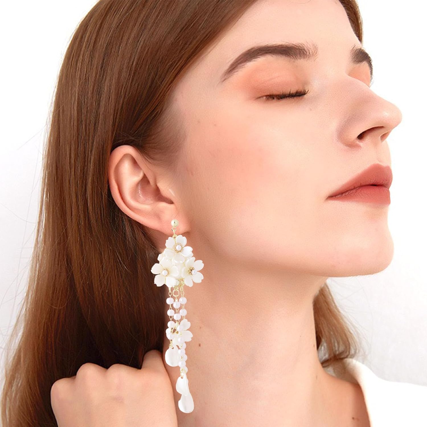 White Flower Pearl Earrings for Women Acrylic Tassel Flower Floral Dangle Drop Long Earrings for Women - Image 2