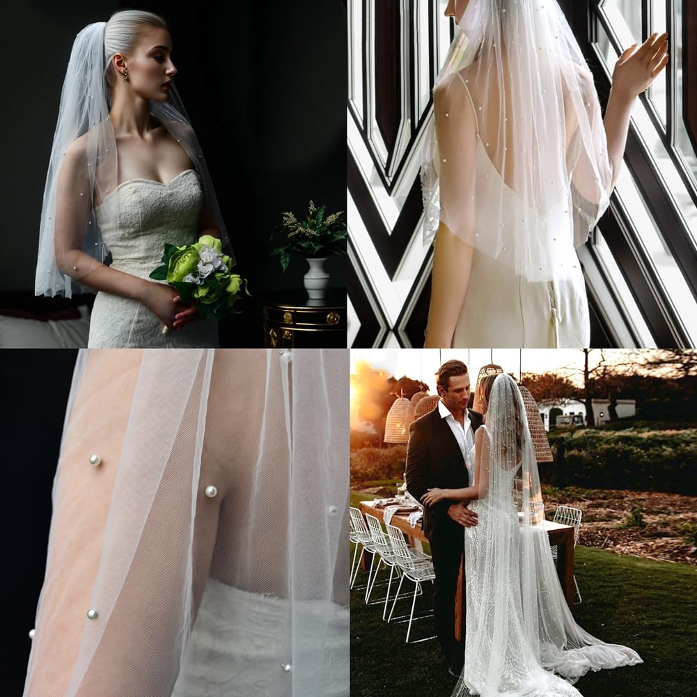 Brautschleier Perlen Weiß Hochzeitsschleier Elegent Kirche Braut Schleier 1 Stöckig Weicher Tüll Perlenschleier Haarschmuck für Hochzeit Junggesellinnenabschied mit Kamm 300cm