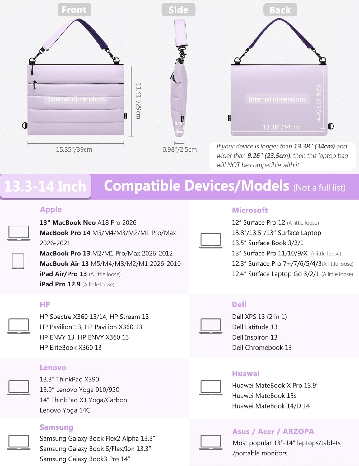 HYZUO 13.3-14 Inch Laptop Sleeve Bag for MacBook Pro 14 M5-M1 A3426 A3427, MacBook Pro/Air 13, 13" 13.3" Dell/HP/Lenovo/Asus/Acer/Samsung, Women Shoulder Bags Case Work Daily Handbag, Lilac Purple