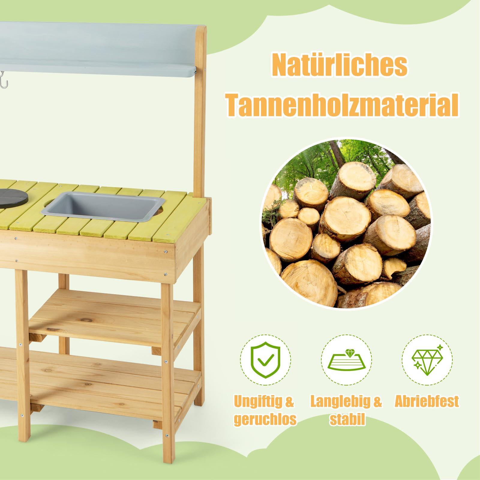 DREAMADE Matschküche für Kinder, Spielküche Outdoor mit 2 Herdplatten, abnehmbarem Spülbecken, Regalen & Haken, kreatives Küchenspielzeug für Kinder ab 3 Jahren, für Hof, Garten