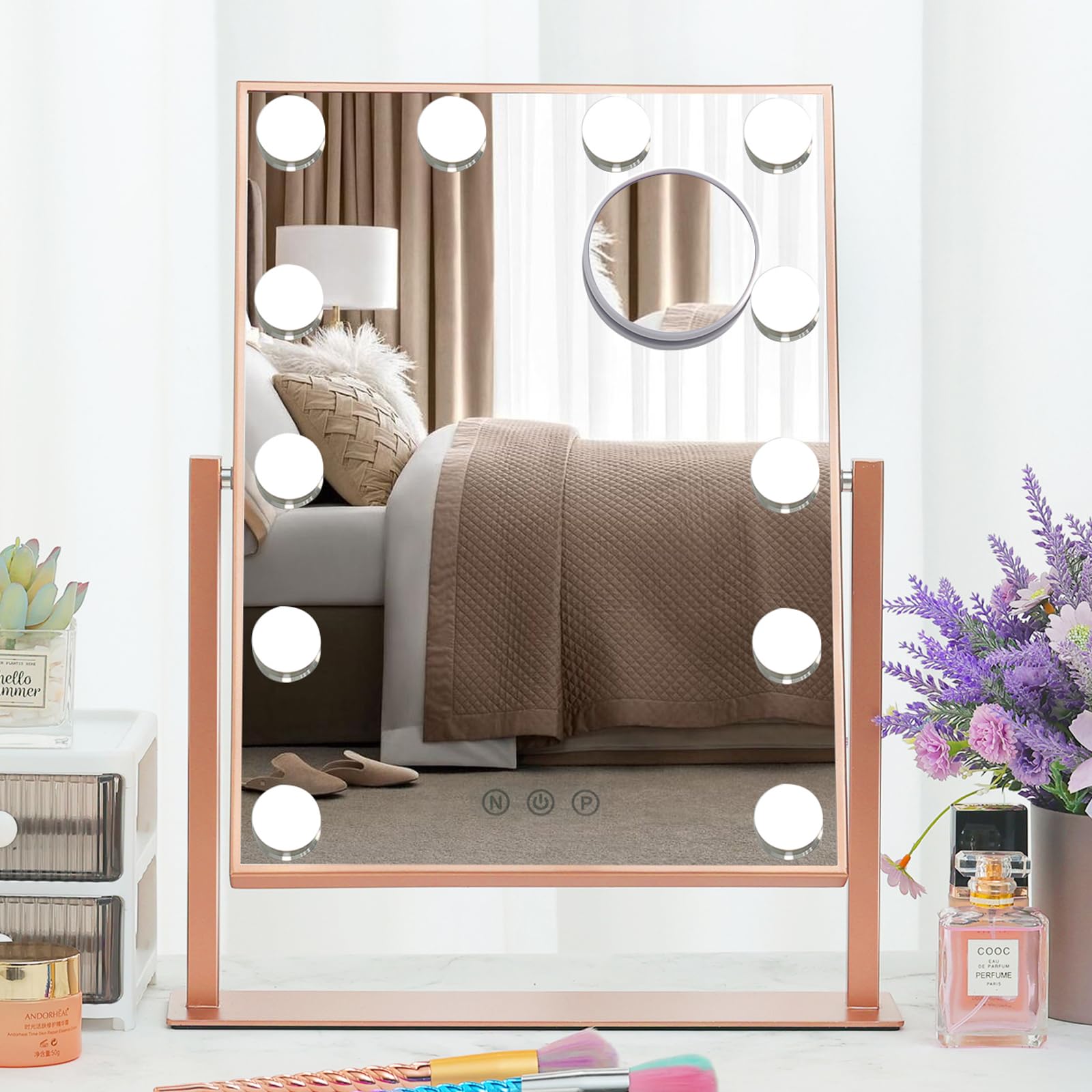 Warmiehomy Hollywood Makeup Mirror with 12 LED Bulbs, 41 * 30CM with 10X Cosmetic Magnifying Mirror, 3 Lighting Modes, USB Power Cord, 360° Rotation Tabletop Lighted Mirror (Rose Gold)