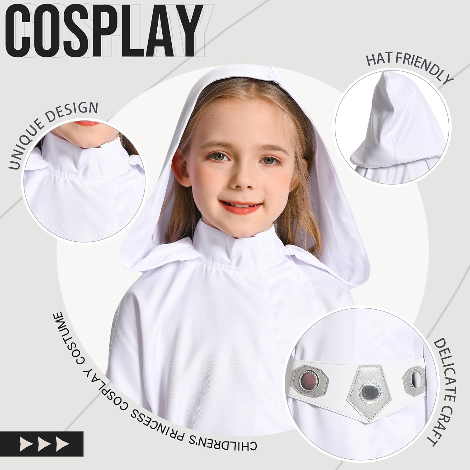 Children's Princess Cosplay Costume Girls White Tunic Hooded Robe Halloween Kids Outfit - Image 5
