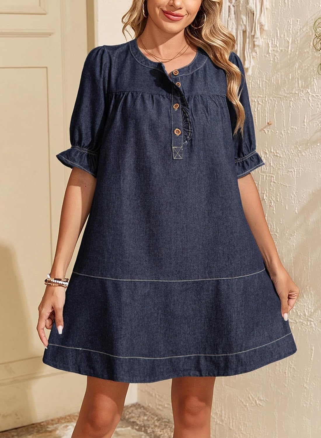 Dokotoo Women's Denim Dress 2026 Babydoll Dress Casual Ruffle Short Sleeve Button Jean Dresses - Image 4