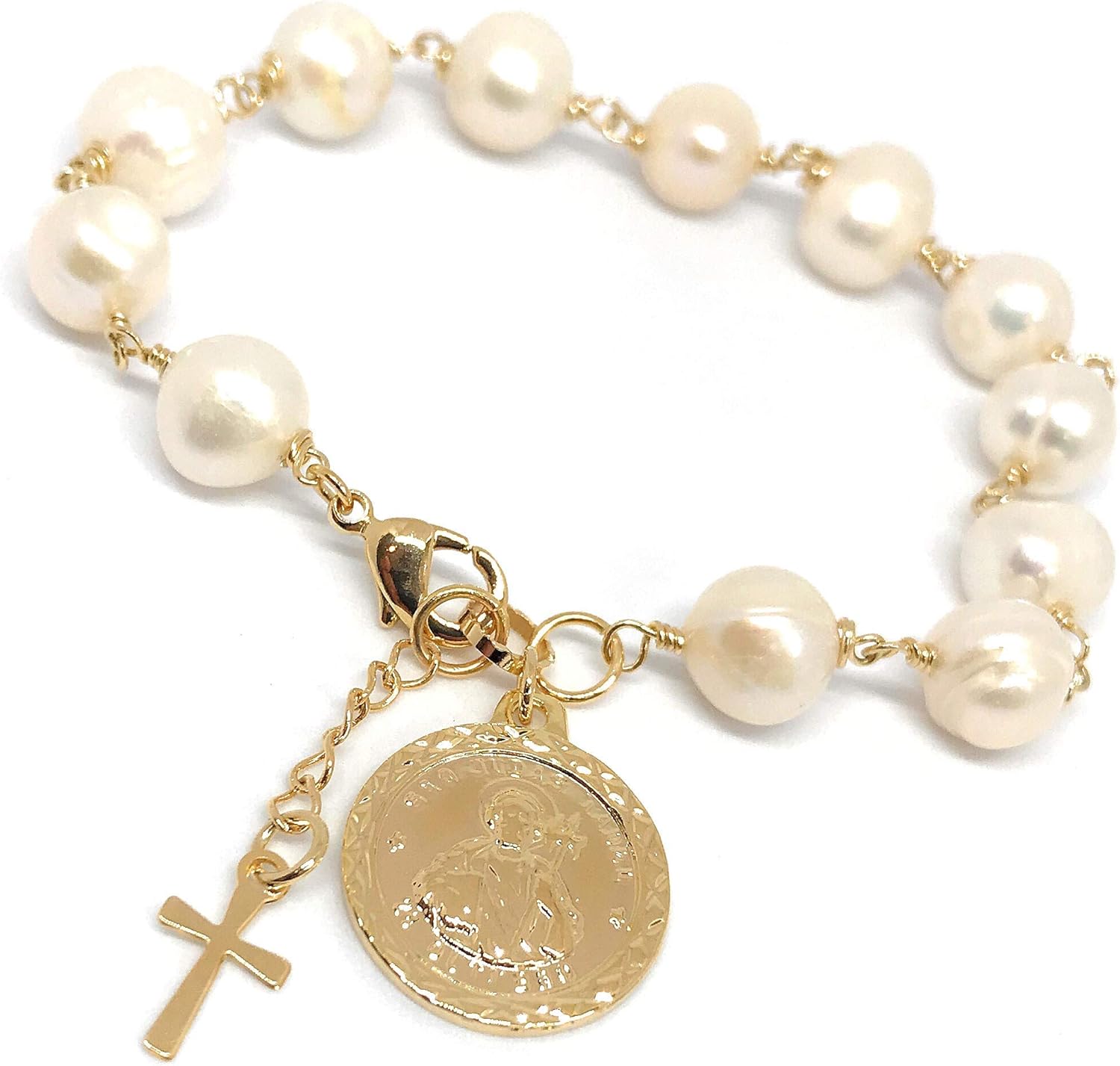 SIFRIMANIA Saint Jude Cultured Pearl Bracelet with Cross Charm, 10mm Pearls, 0.75 Inch Engraved Medal, Gold Tone Lobster Clasp, Adjustable 7 to 8 Inches