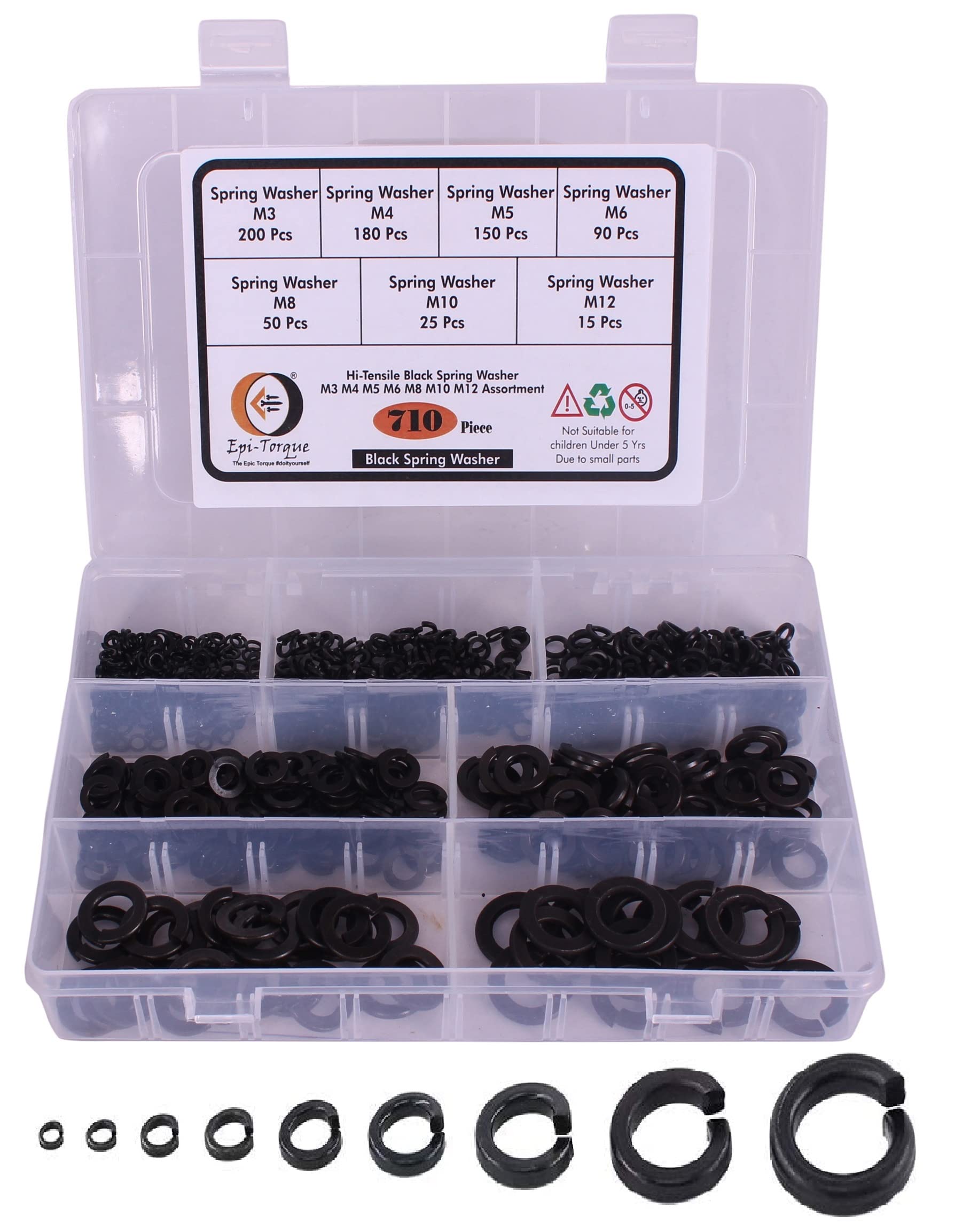 Hi-Tensile Spring Lock Split Lock Washer 7 Sizes M3, M4, M5, M6, M8, M10, M12 Assortment Pack of 710 Pcs with Plastic Storage Box