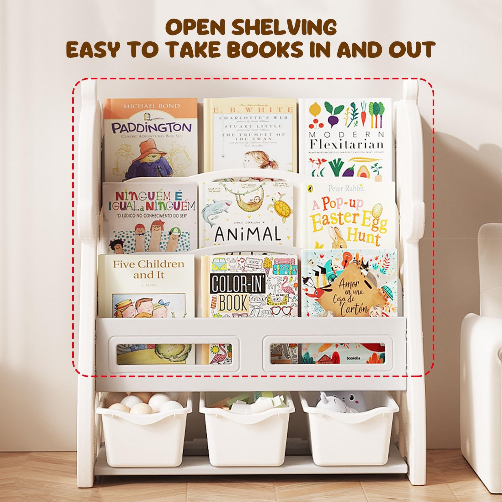 A 4 Ripiani Scaffale per Bambini e Contenitore per Giocattoli Scaffale Espositore e Mobile Organizzatore Libreria Montessori per Bambini Piccoli