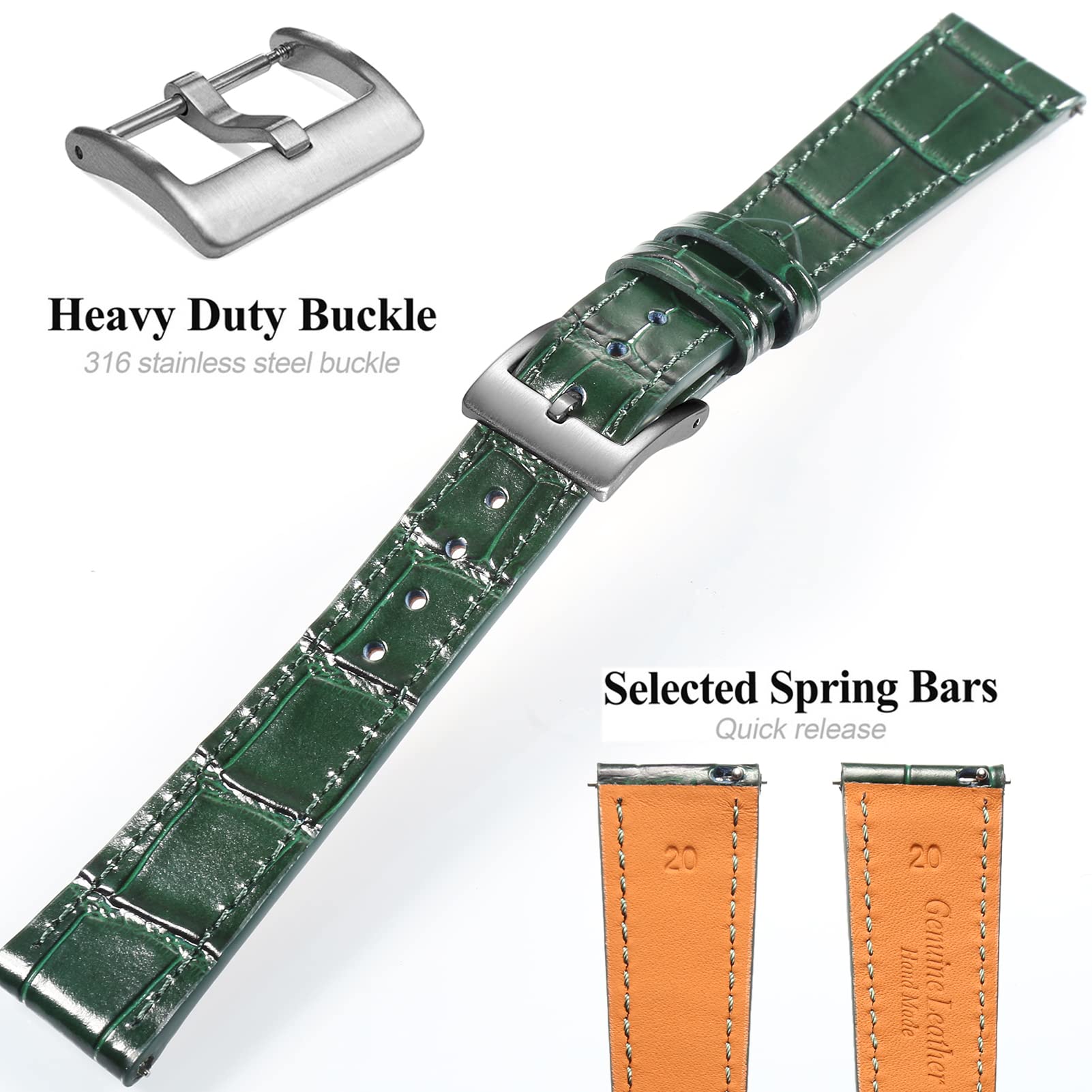 Bracelet de montre en cuir d'alligator, bracelet de montre en cuir véritable à ouverture rapide 18 mm, 19 mm, 20 mm, 21 mm et 22 mm pour hommes et femmes.