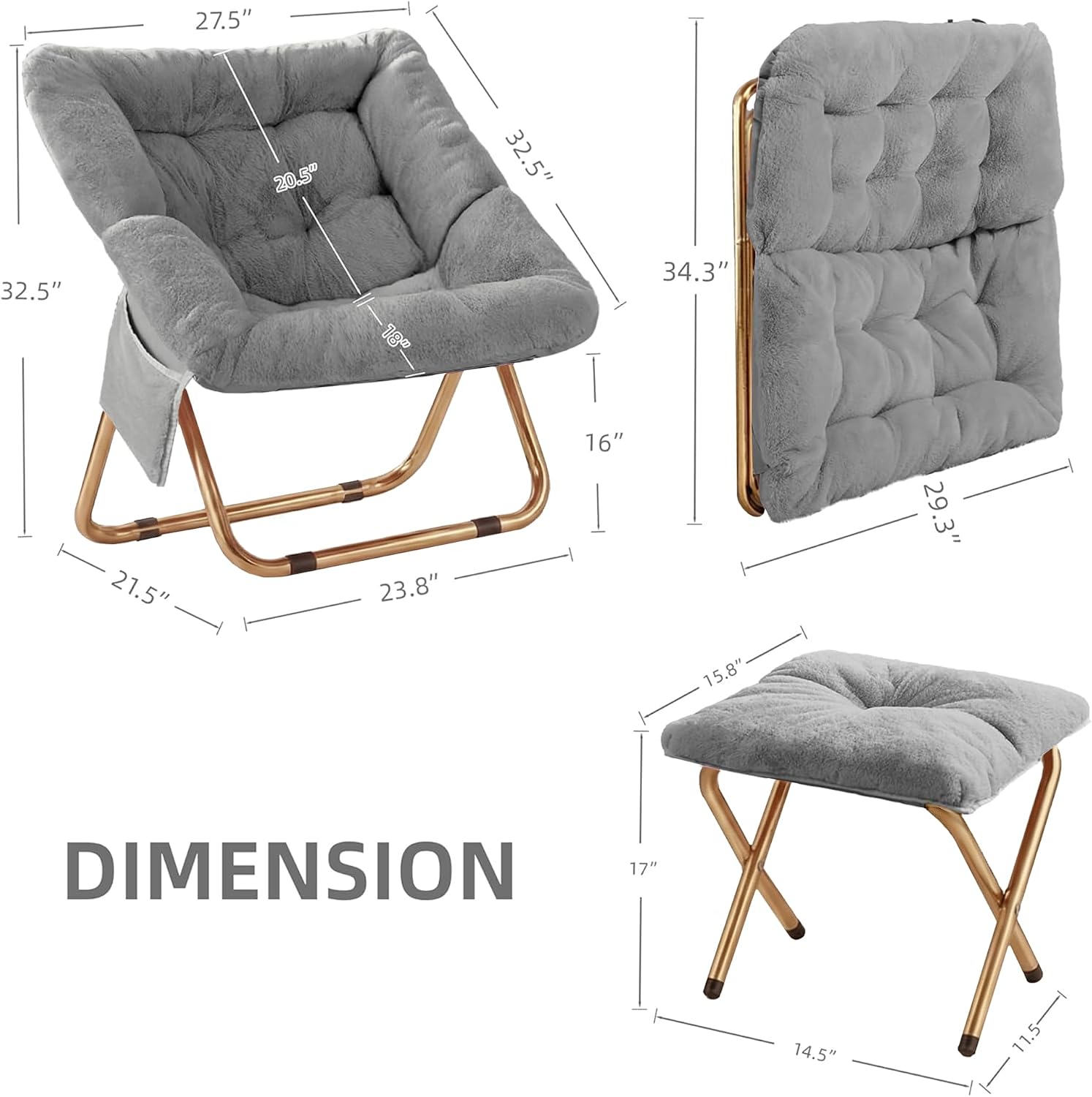 Kasunpul Comfy Saucer Chair, Foldable Living Room Chairs, Soft Faux Fur Lounge Chair for Bedroom, Reading Chairs for Adults, Teens, X-Large (Grey)