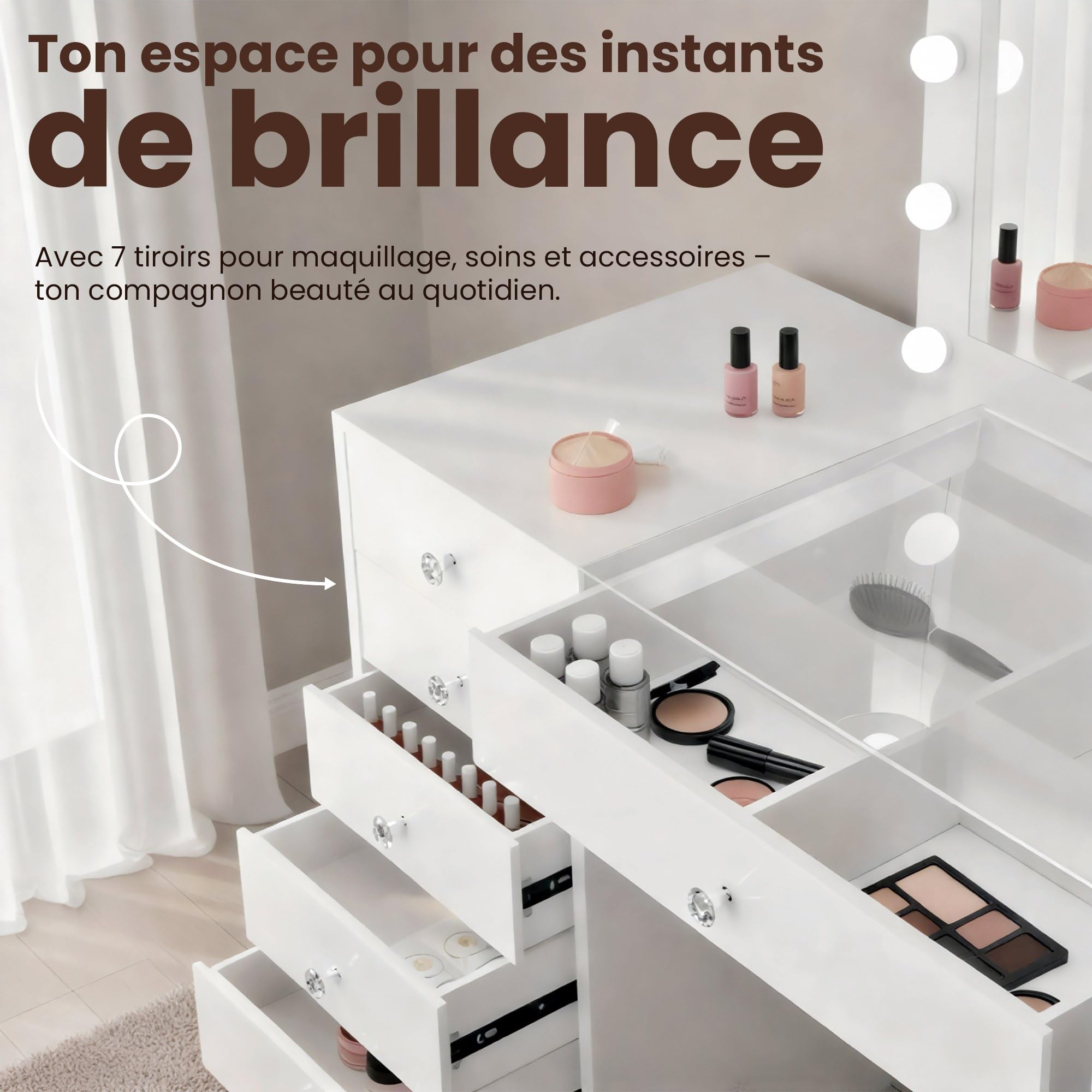 CLP Coiffeuse avec éclairage et Miroir 100x75 cm Attalla, Miroir Hollywood LED 3 Couleurs de lumière, avec tiroirs, Connexion USB-A et USB-C, Couleur:Blanc