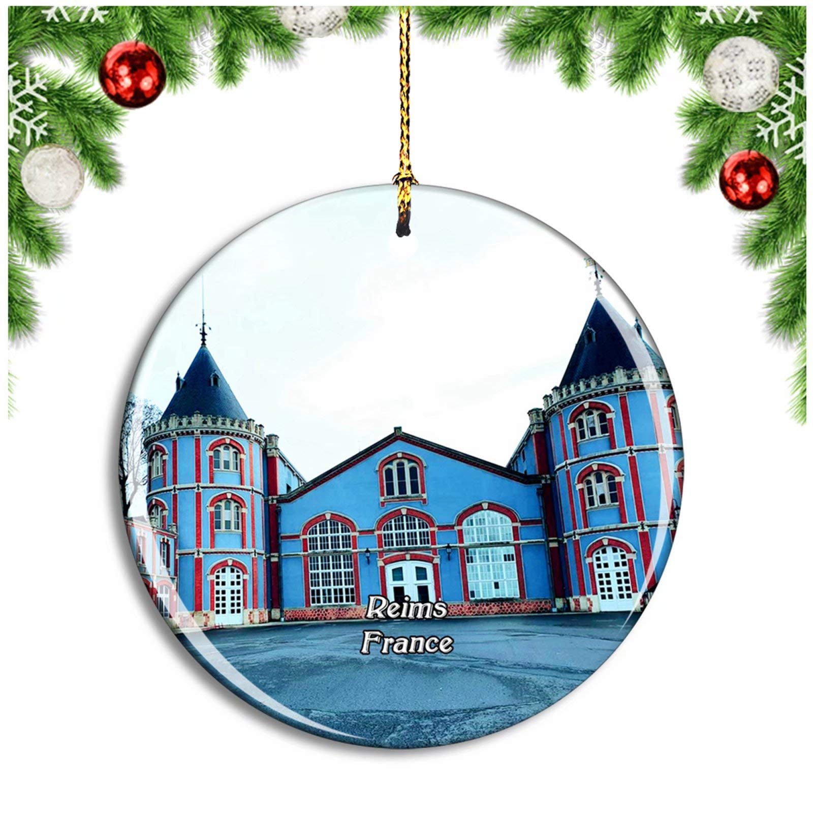 Weekino Golden/Black Reims France Champagnes Pommery Christmas Ornament Xmas Tree Decoration Hanging Pendant Travel Souvenir Collection Double Sided Porcelain 2.85 Inch