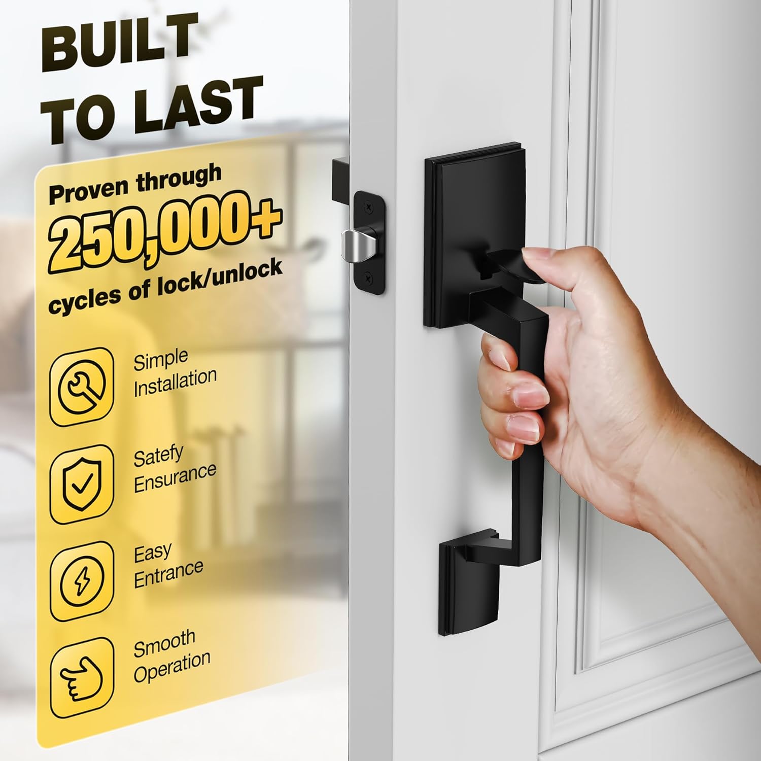 Kolet Front Door Handle, Handle Set with No Lock, Exterior Entry Door Handle, Heavy Duty Zinc Alloy, Reversible for Right & Left Opening, Deadbolt Not Included, Matte Black