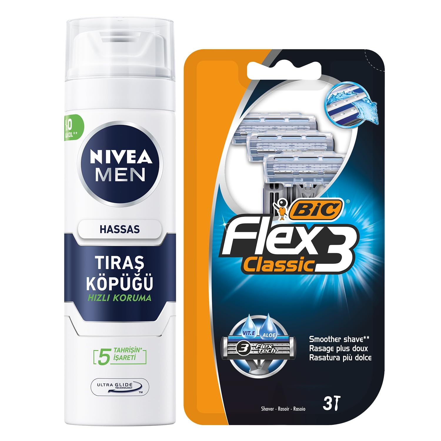 NIVEA MEN Erkek Hassas Tıraş Köpüğü 200ml ve BIC Flex 3 Erkek Tıraş Bıçağı 3'lü Blister 3 Bıçak, Hassas Ciltlere Özel Tıraş Seti, Kesik Karşıtı