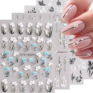 5D Embossed Flower Spring Nail Art Stickers, Self-Adhesive Summer Colorful Floral Nail Stickers, Women DIY Manicure Nail Art Decorations(4 Pieces
