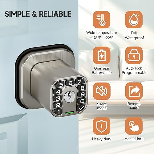 Miniatura 3 de Pomo de puerta cuadrado con teclado, cerradura de puerta de entrada Keylees con cilindro, bloqueo automático, impermeable y resistente a la