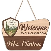 Personalized Teacher Door Sign Travel Adventure Classroom Decor, Teacher Name Welcome Signs Wood Plaque Forest Mountain Theme Back to School Teachers Gifts First Day of School Supplies Must Haves