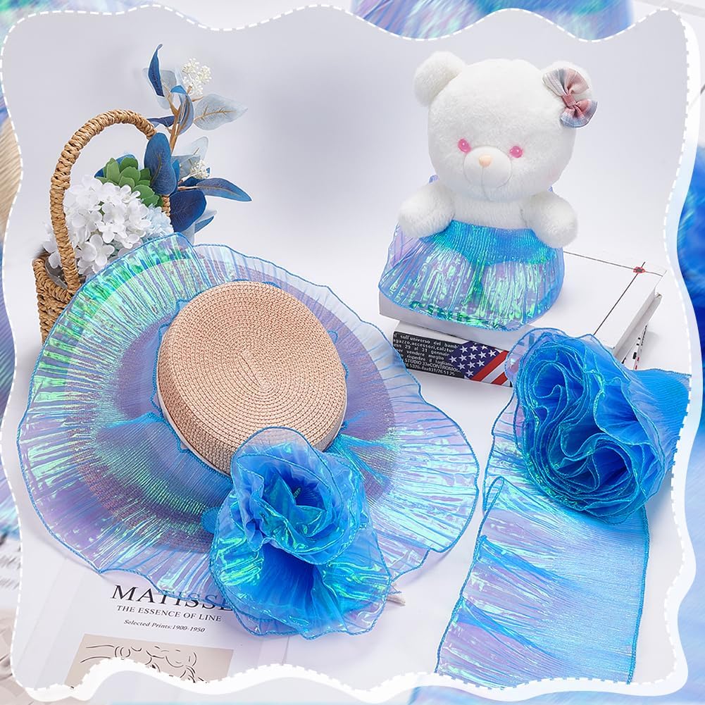 AHANDMAKER 11 Yards Organza Ruffled Fabric Ruffle Retro Organza Fabric Trim Edge Gather Ruffle Trim for Applique Sewing Craft Dress Bag Costume Decor (Blue)