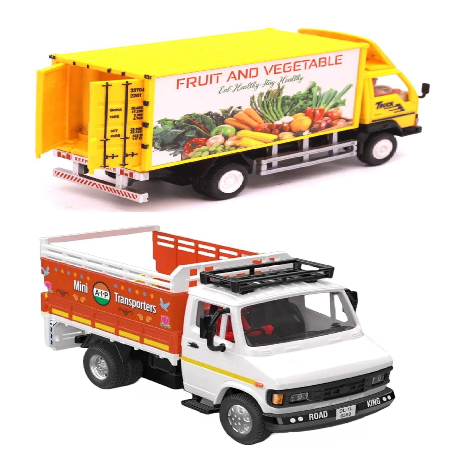 Sheel Toy Trucks Combo Pack Fruit and Vegetable Panther Truck and 407 Pickup with Openable Rear Door - Realistic Replicas for Kids and Collectors - Multicolor