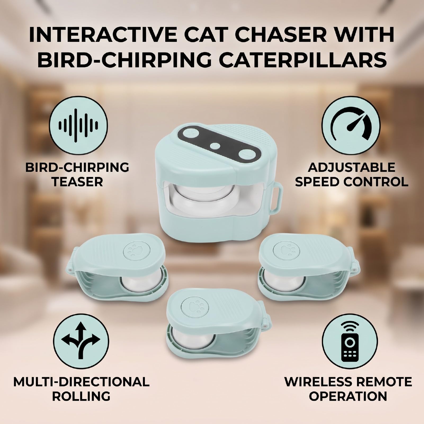 Interaktives Katzenspielzeug für Hauskatzen, Automatisches Katzenverfolgungsspielzeug mit Vogelgezwitscher, Ferngesteuertes Katzenspielzeug mit Zauberstab, Bewegungsaktiviertes (Green)