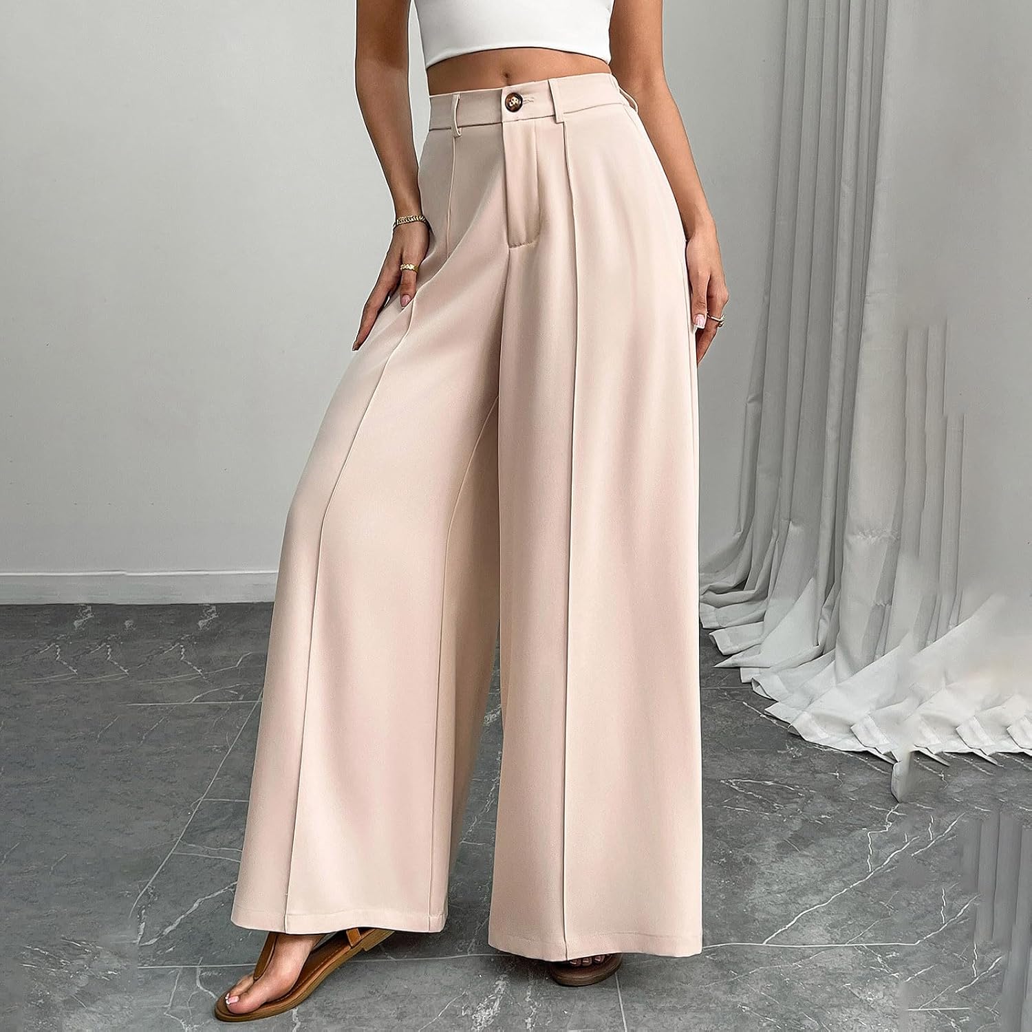 Womens Summer Wide Leg Flowy Palazzo Pants High Waist Loose Fit Trousers Business Casual Dress Pants with Pockets