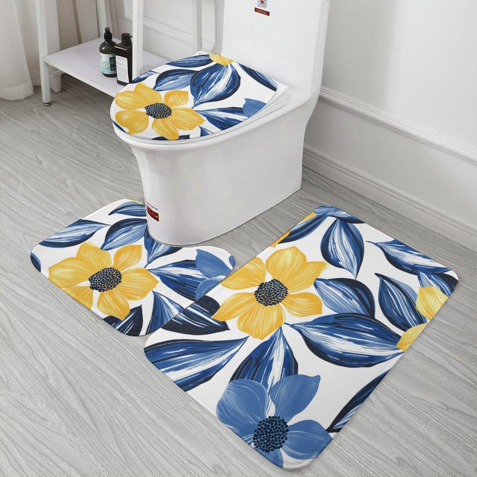 Hummingbird Floral 3-Piece Bathroom Rug Set - Bath Mat, U-Shaped Rug & Toilet Cover, Non-Slip & Absorbent