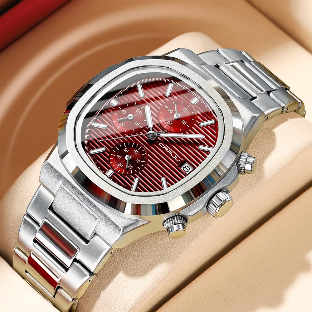 Reloj de pulsera cuadrado de acero inoxidable con esfera roja para hombre, cronógrafo, de cuarzo, con fecha