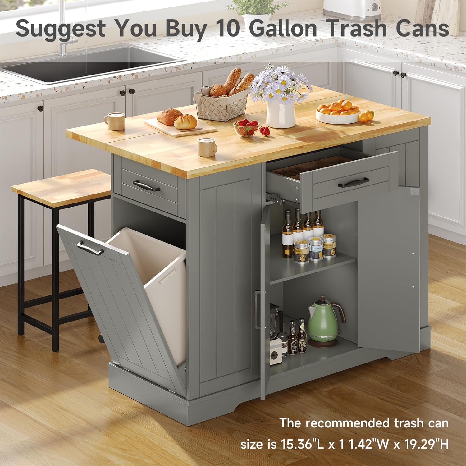 47" Kitchen Island with Seating, Stationary Island Table with Storage Include 2 Chairs, Kitchen Islands with Drop Leaf, Dining Table with Trash Cabinet & Power Outlet & Spice Rack, Grey