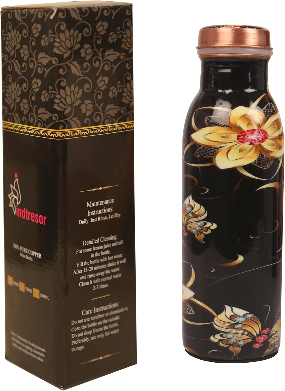 Pure Copper Water Bottle – Handcrafted – Ayurveda health benefits – Small 15 oz – Leak proof – Easy to carry for Sports, Fitness, Yoga, School – Textured Black Base Floral Colorful Enamel.