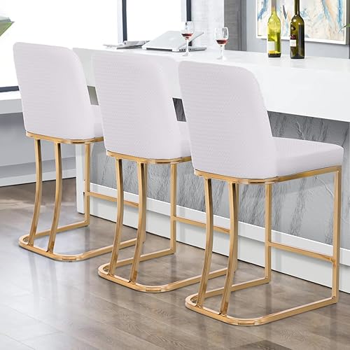 Miniatura 23 de Juego de 2 taburetes de bar de altura de mostrador de color blanco cremoso de 24 pulgadas, modernos taburetes de bar dorados con respaldo tapizado