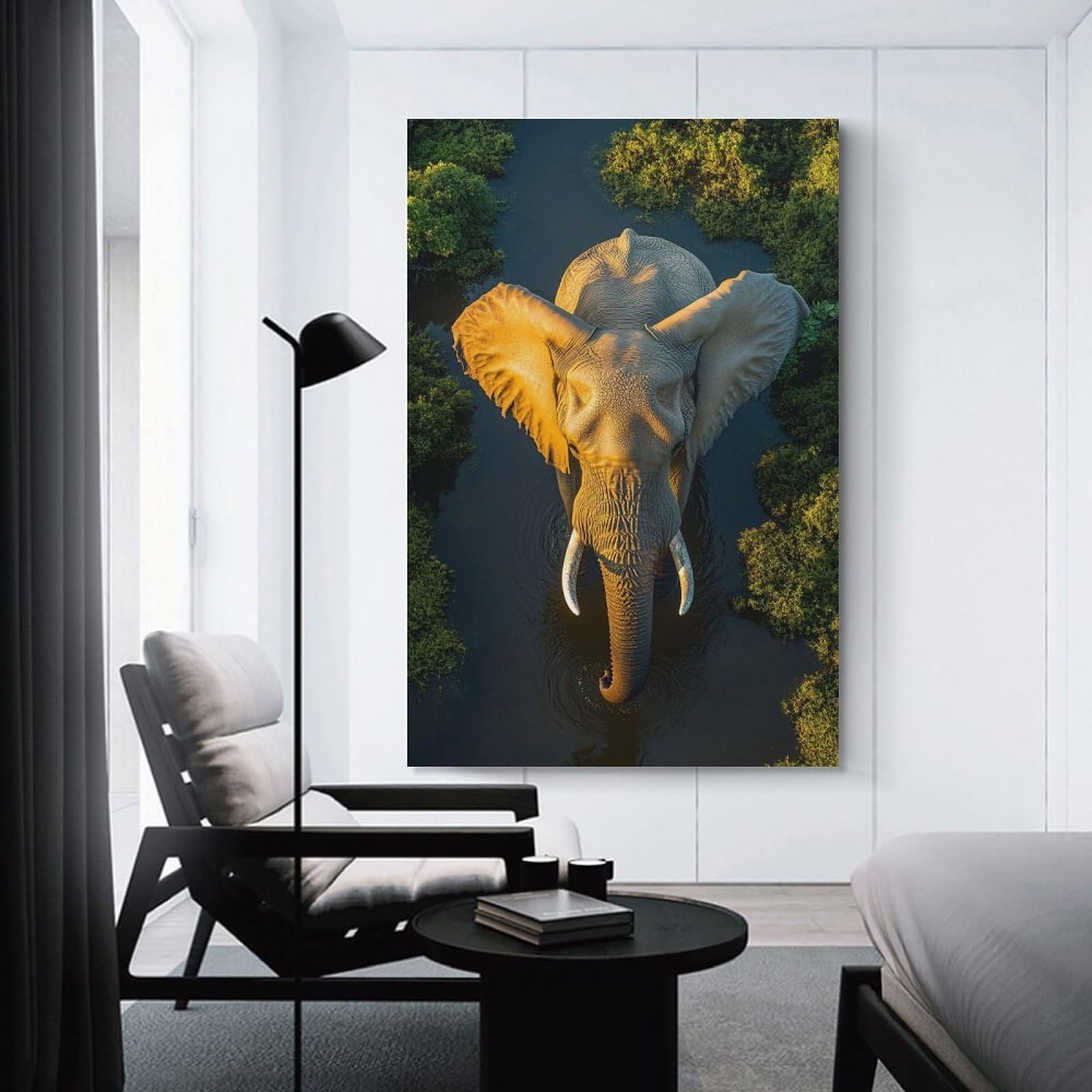 Junmoney Elephant in River, Aerial View Wall Art Print, 24x36inch(60x90cm), for Bedroom Decor, Cosy Corners Or Studios, Decorative Wall Art for Cosy Rooms