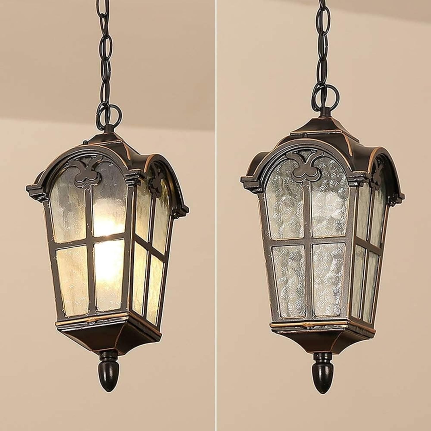 Hanging Porch Light Outdoor Pendant Light Fixture Vintage Exterior Hanging Lantern with Clear Hammered Glass, Dark Bronze Finish,IP44 Waterproof, 0228-PF-AC (6.3" x 13.3")
