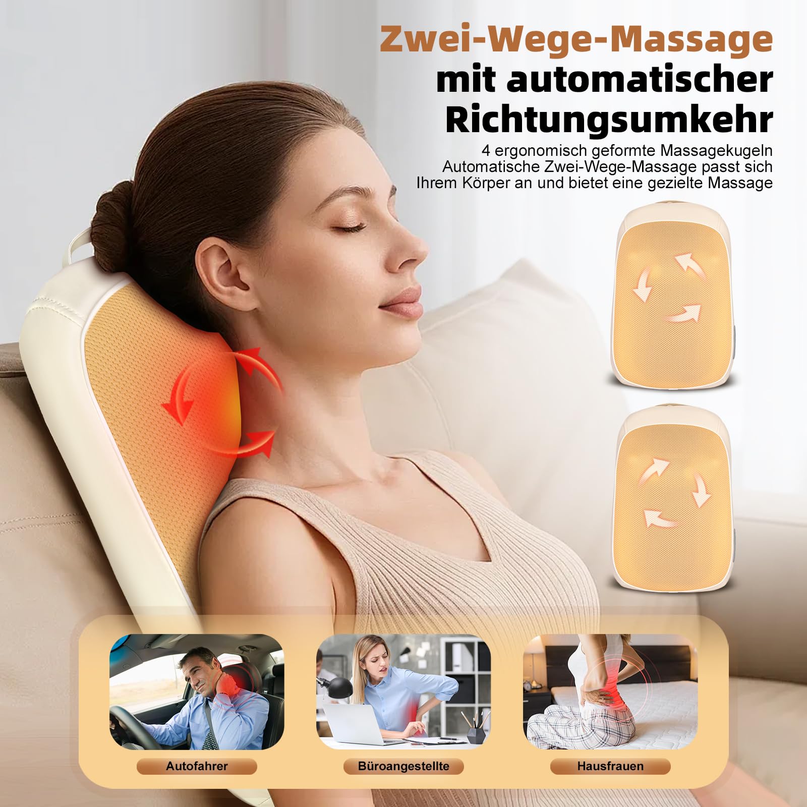 Shiatsu Nackenmassagegerät Rücken Massagekissen, Kabellos Knetmassagegerät mit 3 Intensitäten, Wärme & Rollfunktion, zur Schmerzlinderung, für Zuhause Büro Auto