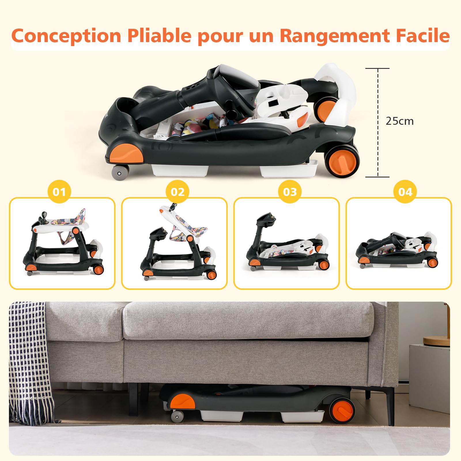 GOPLUS Trotteur Bébé Fille Garçon 6-18 Mois, Trotteur Marche Bébé Evolutif 2 en 1, Pousseur Pliable avec Lumière et Musique, Hauteur Réglable en 3 Positions, Coussin Amovible, Charge15KG (Noir)