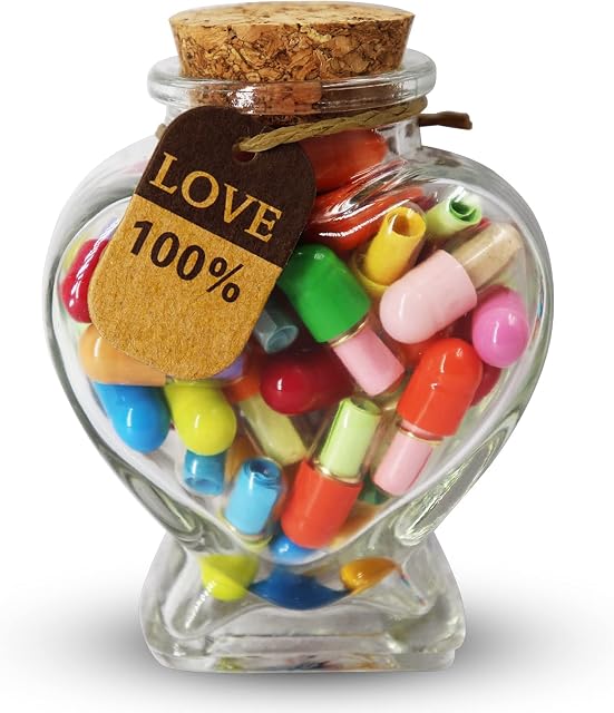Prounion 50PCS Capsule Letters Message in a Glass Bottles, Love Friendship Capsule Letter Message Pills with Wishing Jar, Cute Pill Note Messages for Boys Girls Friends, Heart Shape