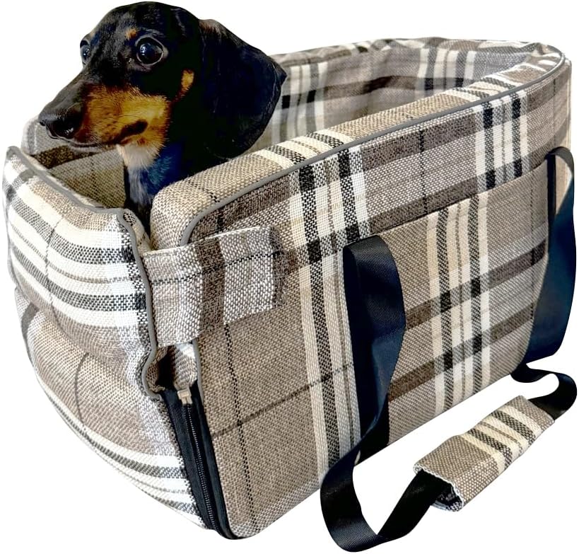Kumdita' Center Console Dog Car Seat & Carrier for Small Dogs & Cats, 18.5 x 10.5 x 9.5 Inches, Sewn-in Leash (Classic Beige Check) Classic Beige Check Medium