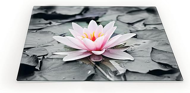Clear Glass Chopping Board with Water Lilly Print - Size 30cm x 20cm - Non Slip Glass Worktop Savers for Kitchen - Great Worktop Protector for Any Food prep