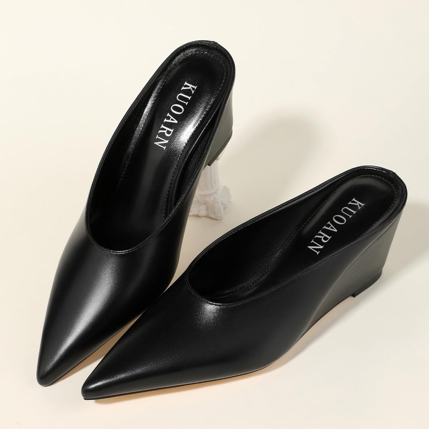 KUOARN Women's Pointed Toe Wedge Mules Slip on High Heel Closed Toe Pumps Comfortable 2.5 Inch Dress Shoes for Office Work Casual Professional Slide Shoes