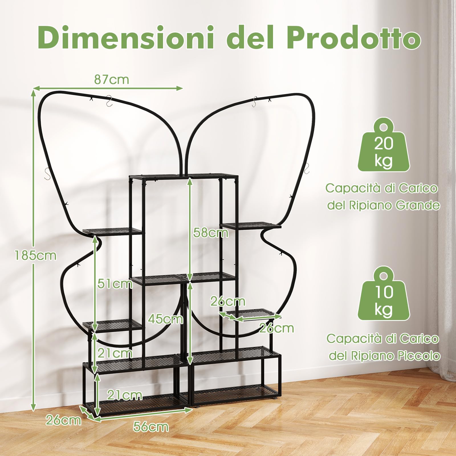 COSTWAY Scaffale Porta Piante a 6 Livelli, Scaffale per Vasi a Forma di Farfalla con 12 Ripiani in Rete Metallica e 4 Ganci, Mensola a Scala per Piante da Interno e Esterno (Nero)