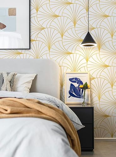 Miniatura 19 de Safiyya Papel tapiz de 118 x 17.7 pulgadas, papel adhesivo verde dorado, autoadhesivo, extraíble, moderno, enrejado, dorado, para dormitorio, Dorado