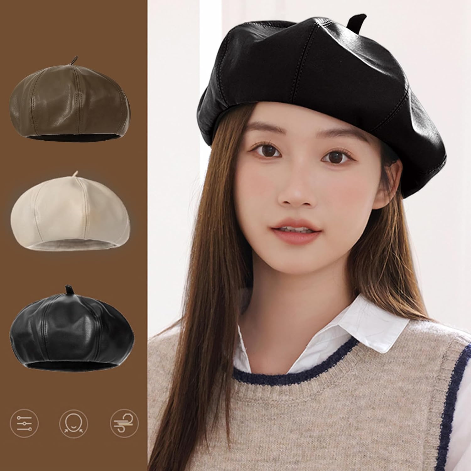 Women Beret Hats PU Leather French Black Beret Hats Artist Painter Hat Classic Solid Newsboy Beanie Pumpkin Cap