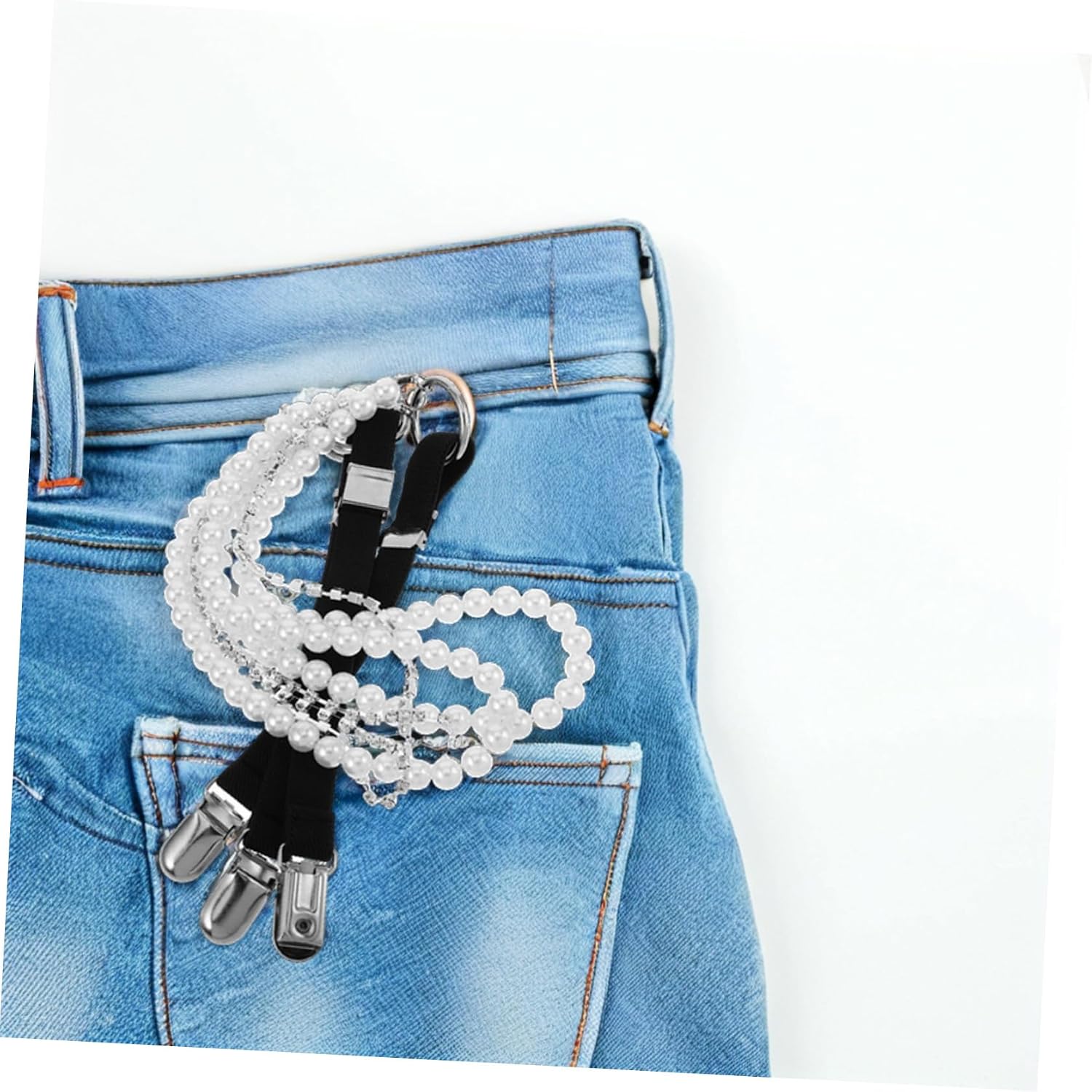 Adjustable Pearl Suspenders for Women with Elastic Band and Triple-clasp Design, Stylish Black Alloy Suspenders with Rhinestone Chain, for Daily Wear and Parties