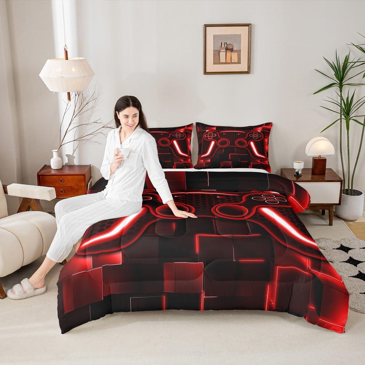 Kids Gaming Twin Size Comforter Game Bedding Sets For Boys Child Teen Gamer Down Comforter All Season Reversible Game Controller Home Decor,1 Quilt With 1 Pillowcase,Red Black Ombre Honeycomb